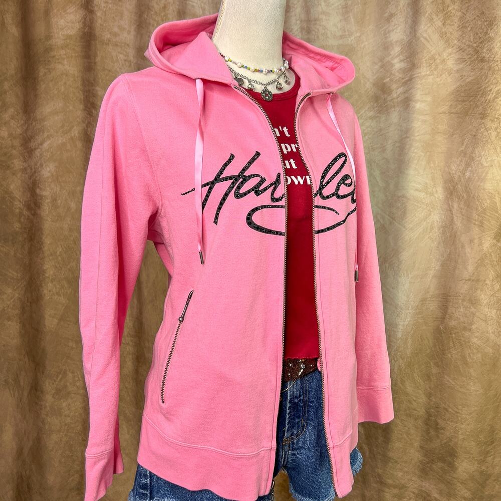 Harley Davidson Rhinestone Hoodie Pink Zip Up Jacket Y2K McBling Indie Biker - Picture 11 of 11